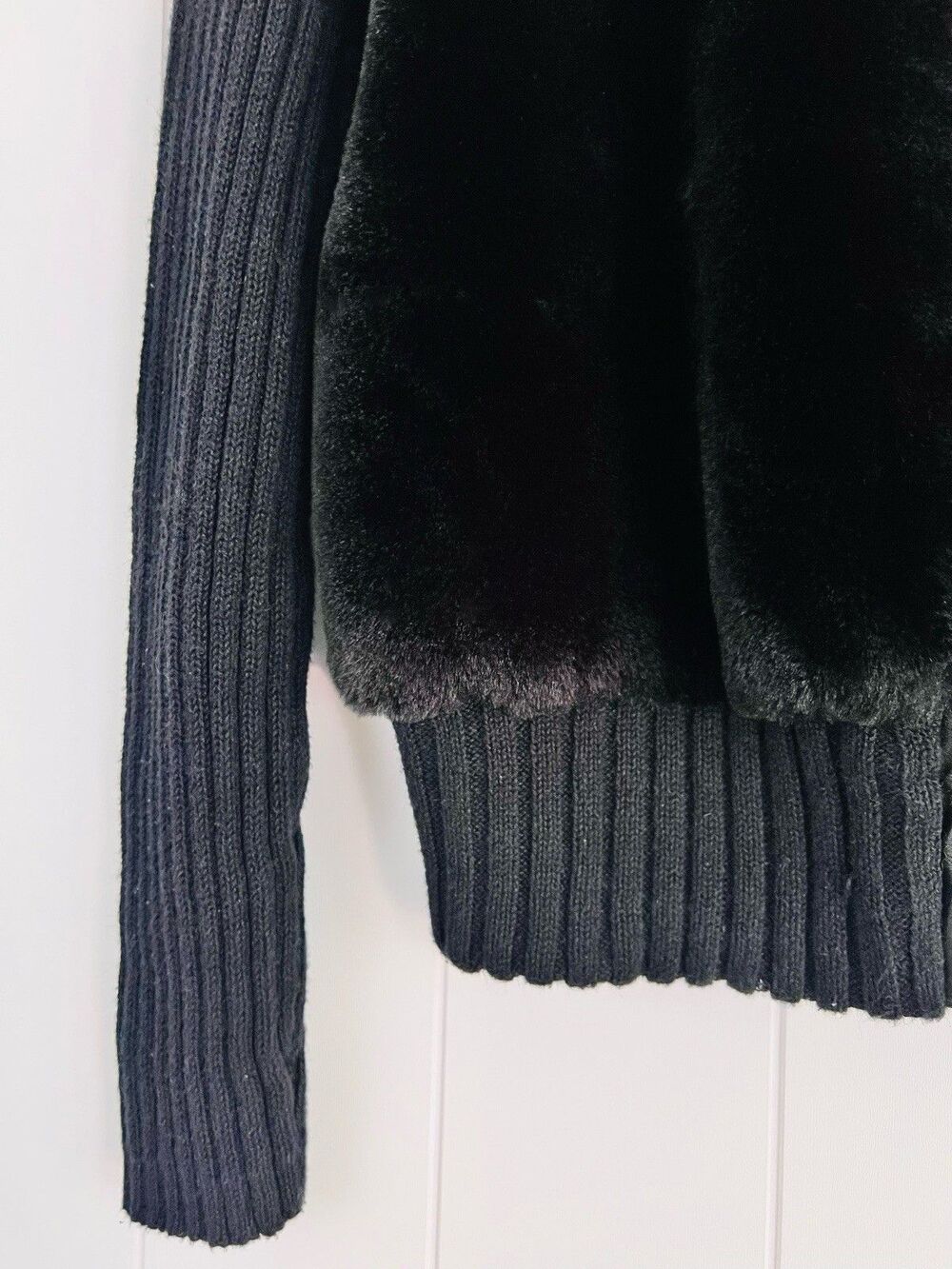 Tiara International Black Ribbed Jersey Knit & Vegan Fur Stretchy Zip Jacket XL - Picture 2 of 7